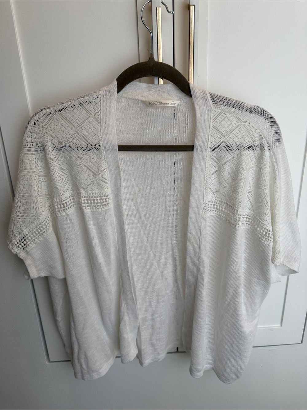 Aeropostale White Open-Front Knit Cardigan with Lace Yoke